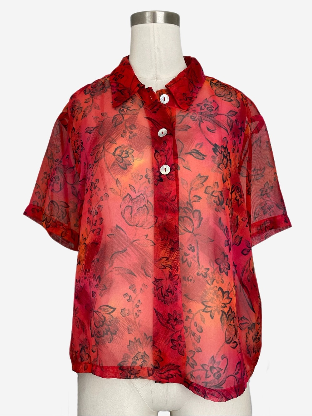 Vintage 90s Impressions Red Orange sheer floral watercolor open front blouse M/L